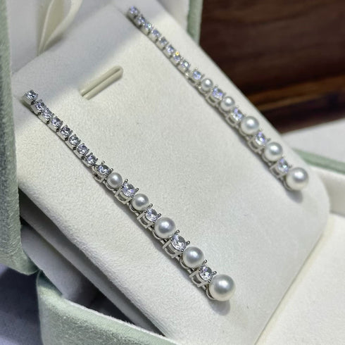 Line Zirconia Pearl Long Earrings - Sterling Silver